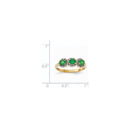 14K Yellow Gold Emerald & Real Diamond Three Stone Ring