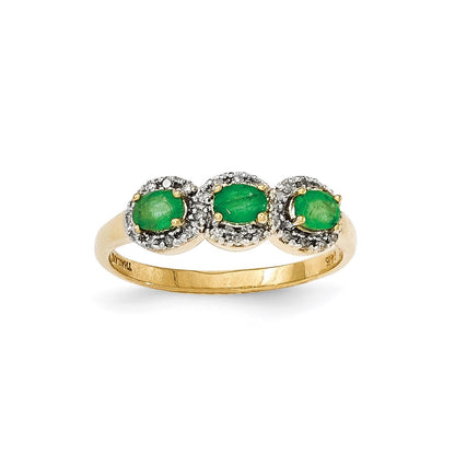 14K Yellow Gold Emerald & Real Diamond Three Stone Ring