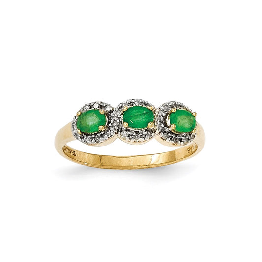 14K Yellow Gold Emerald & Real Diamond Three Stone Ring