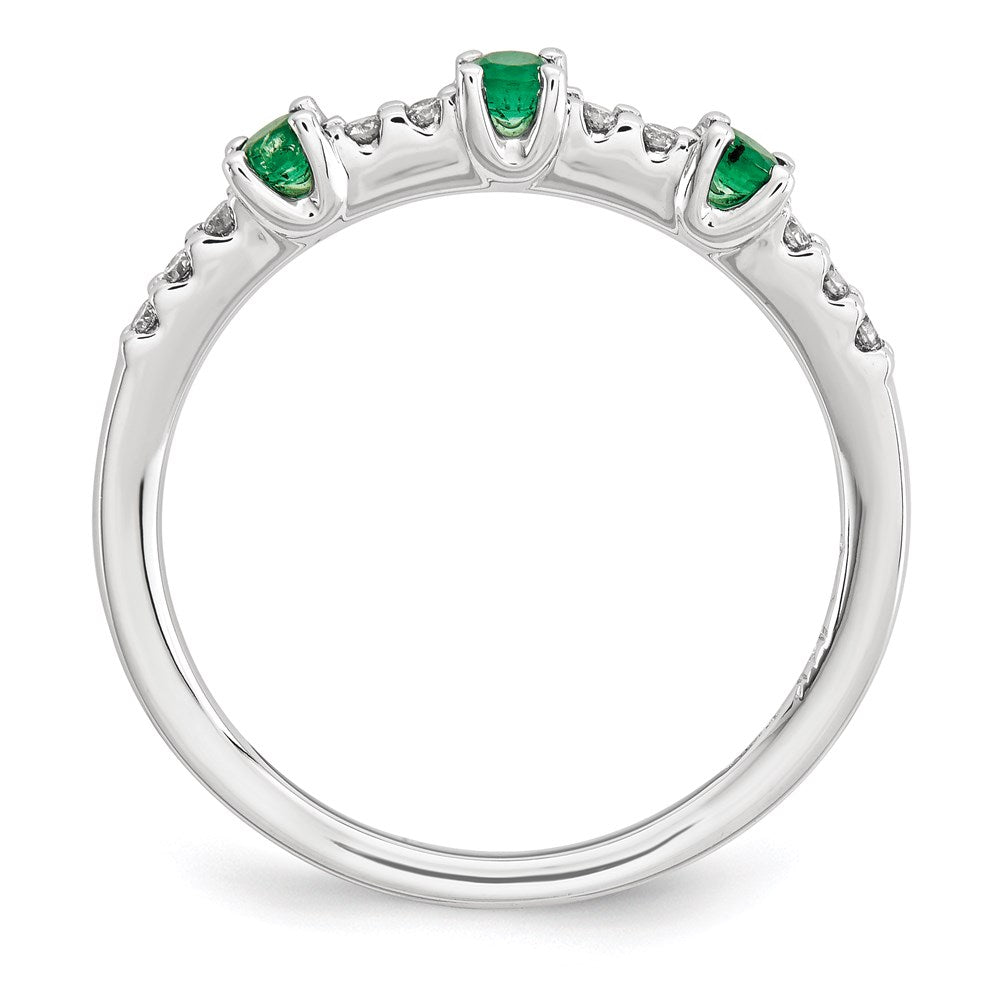 14K White Gold Real Diamond and Emerald 3-Stone Ring