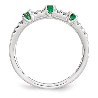 14K White Gold Real Diamond and Emerald 3-Stone Ring