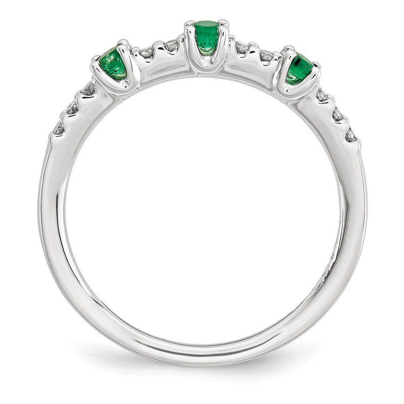 14K White Gold Real Diamond and Emerald 3-Stone Ring