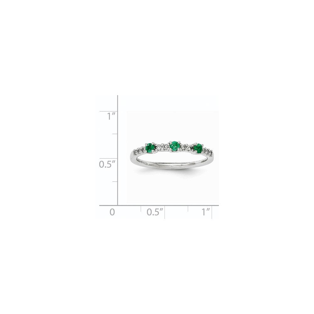 14K White Gold Real Diamond and Emerald 3-Stone Ring