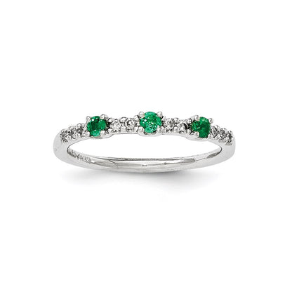 14K White Gold Real Diamond and Emerald 3-Stone Ring