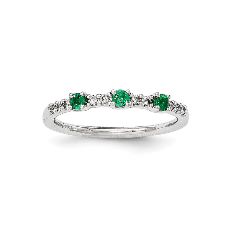 14K White Gold Real Diamond and Emerald 3-Stone Ring