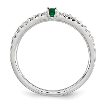 14K White Gold Real Diamond and Emerald Solitaire Ring