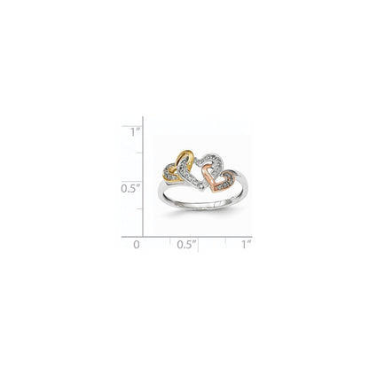 14K Yellow Gold Tri-color Real Diamond Heart Ring