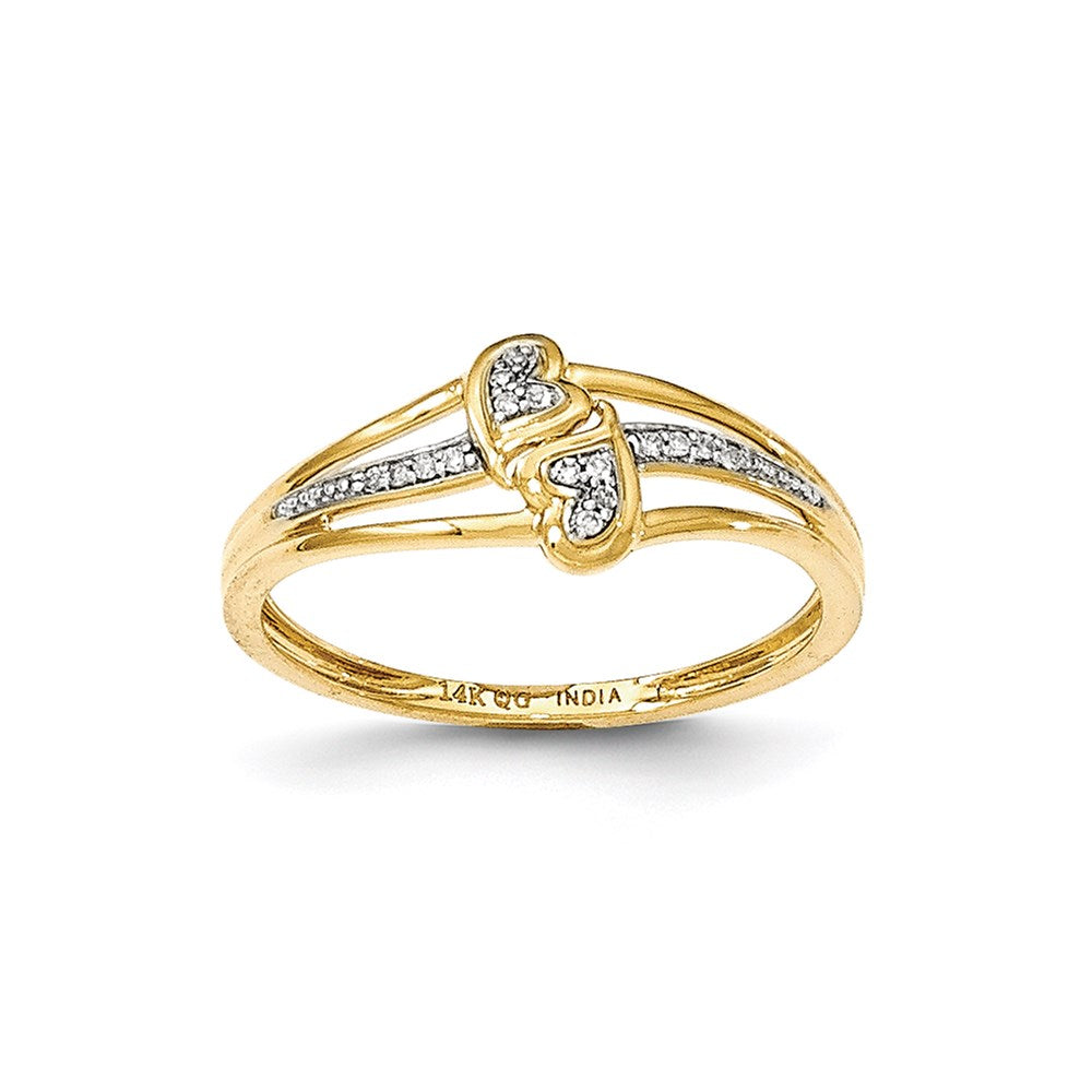 14K Yellow Gold Real Diamond Double Heart Fashion Ring