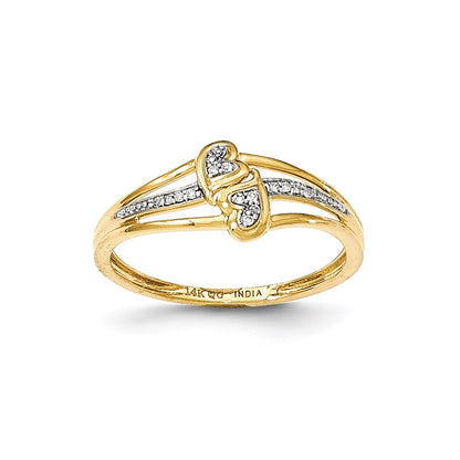 14K Yellow Gold Real Diamond Double Heart Fashion Ring