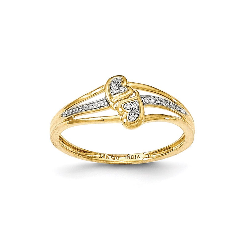 14K Yellow Gold Real Diamond Double Heart Fashion Ring