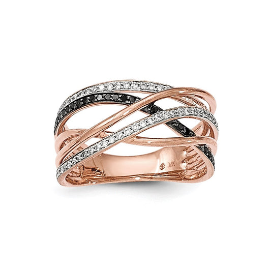 14k Rose Gold Polished 2 Diamond/Blk Real Diamond Band Ring