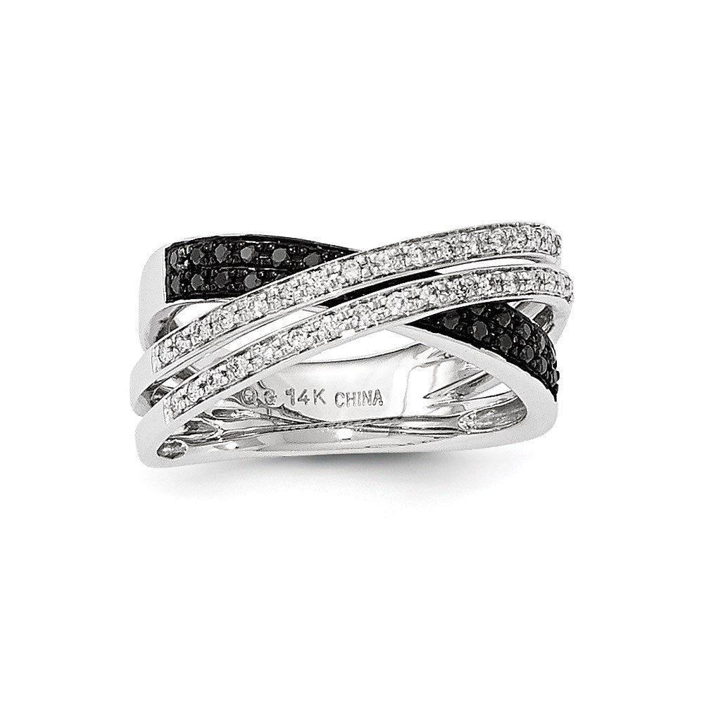 14K White Gold Black/White Real Diamond Open Criss Cross Ring