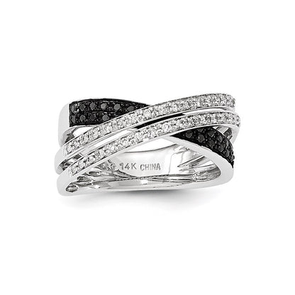14K White Gold Black/White Real Diamond Open Criss Cross Ring