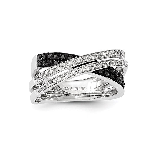 14K White Gold Black/White Real Diamond Open Criss Cross Ring