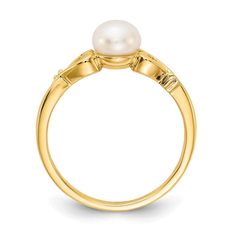 14K Yellow Gold Real Diamond and Freshwater Cultured Pearl Heart Ring