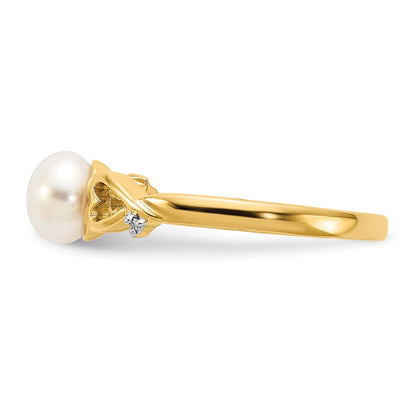 14K Yellow Gold Real Diamond and Freshwater Cultured Pearl Heart Ring