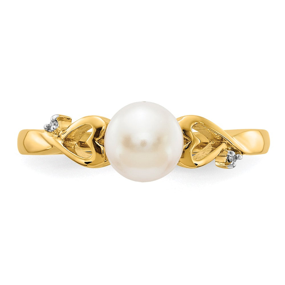 14K Yellow Gold Real Diamond and Freshwater Cultured Pearl Heart Ring