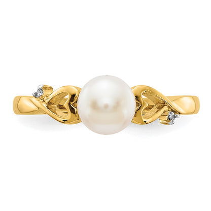 14K Yellow Gold Real Diamond and Freshwater Cultured Pearl Heart Ring