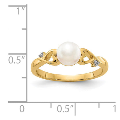 14K Yellow Gold Real Diamond and Freshwater Cultured Pearl Heart Ring