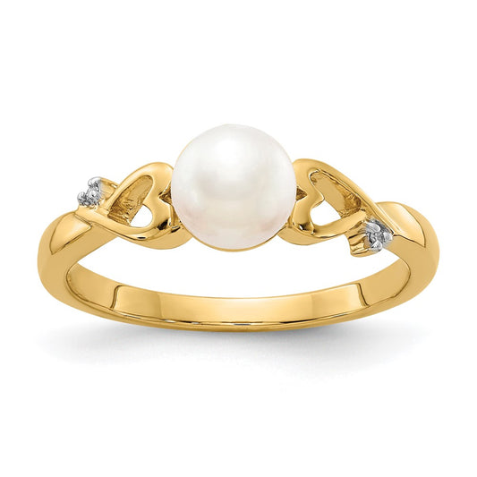 14K Yellow Gold Real Diamond and Freshwater Cultured Pearl Heart Ring