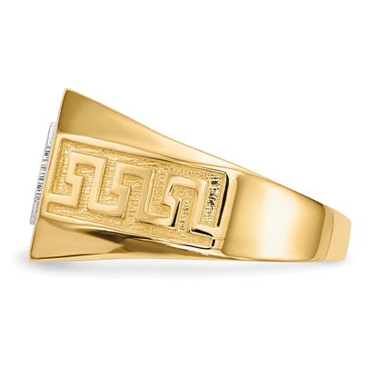 14K Yellow Gold w/ Rhodium Mens Micro Pave CZ Octagon & Greek Key Ring
