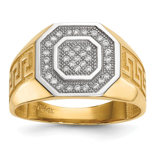 14K Yellow Gold w/ Rhodium Mens Micro Pave CZ Octagon & Greek Key Ring