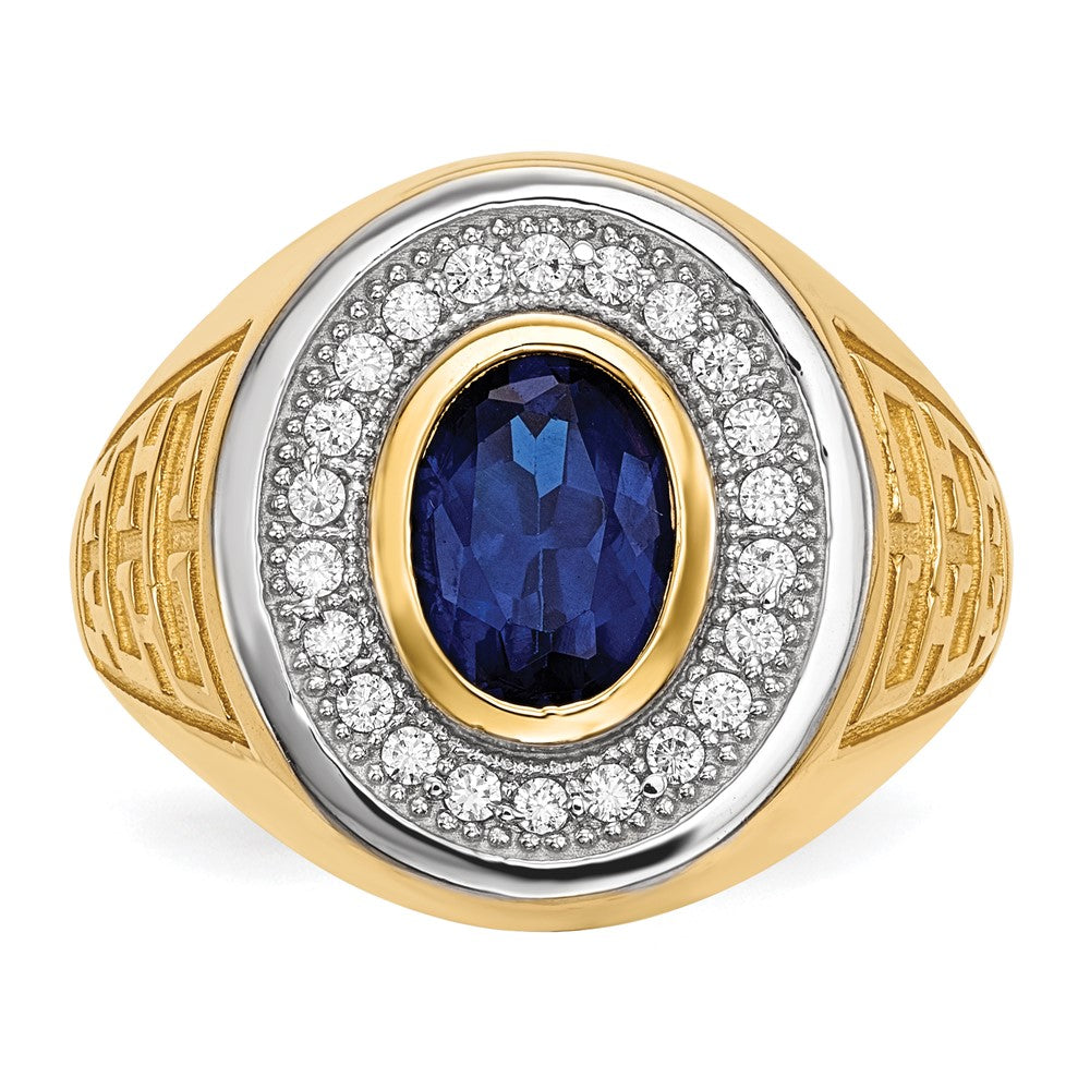 14K Yellow Gold w/ Rhodium CZ & Oval Blue CZ Mens Ring