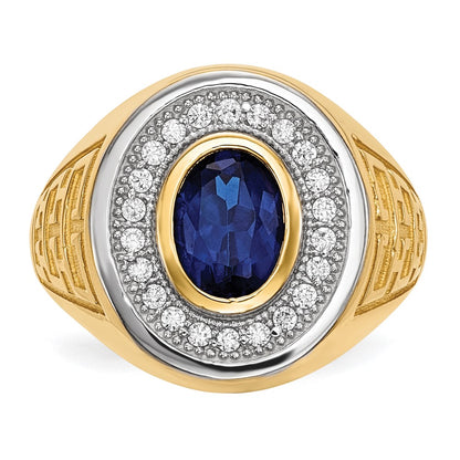 14K Yellow Gold w/ Rhodium CZ & Oval Blue CZ Mens Ring
