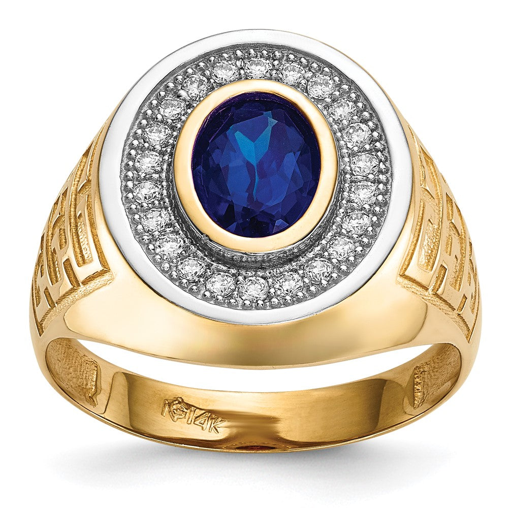 14K Yellow Gold w/ Rhodium CZ & Oval Blue CZ Mens Ring