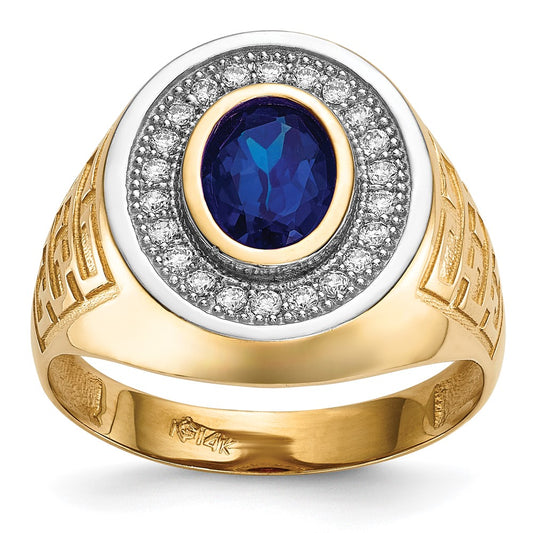 14K Yellow Gold w/ Rhodium CZ & Oval Blue CZ Mens Ring