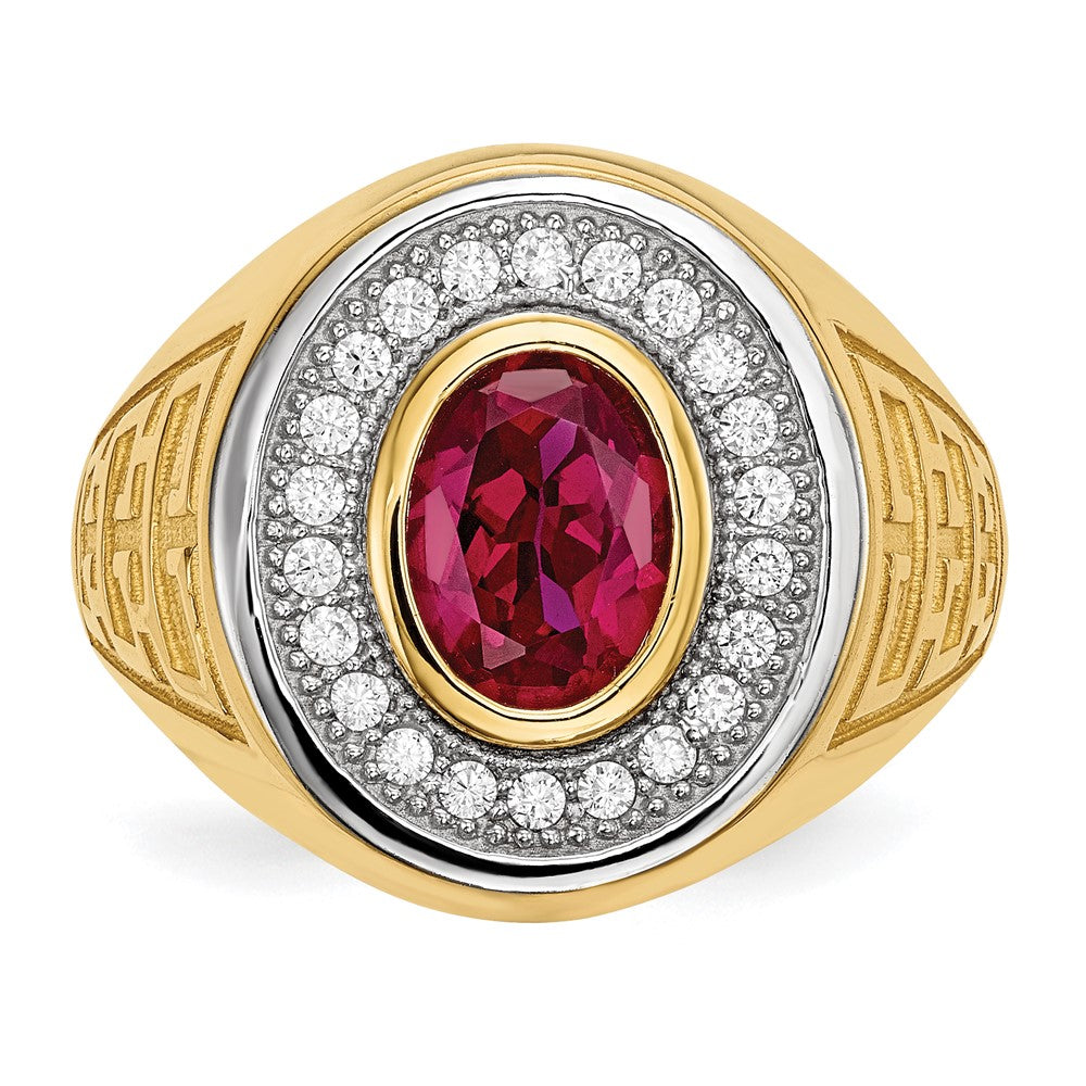 14K Yellow Gold w/ Rhodium CZ & Oval Red CZ Mens Ring