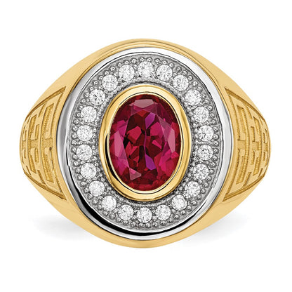 14K Yellow Gold w/ Rhodium CZ & Oval Red CZ Mens Ring
