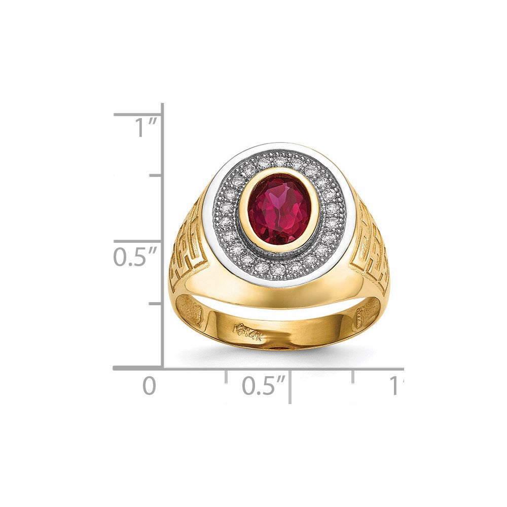 14K Yellow Gold w/ Rhodium CZ & Oval Red CZ Mens Ring