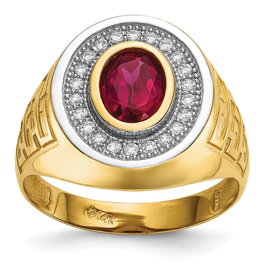 14K Yellow Gold w/ Rhodium CZ & Oval Red CZ Mens Ring