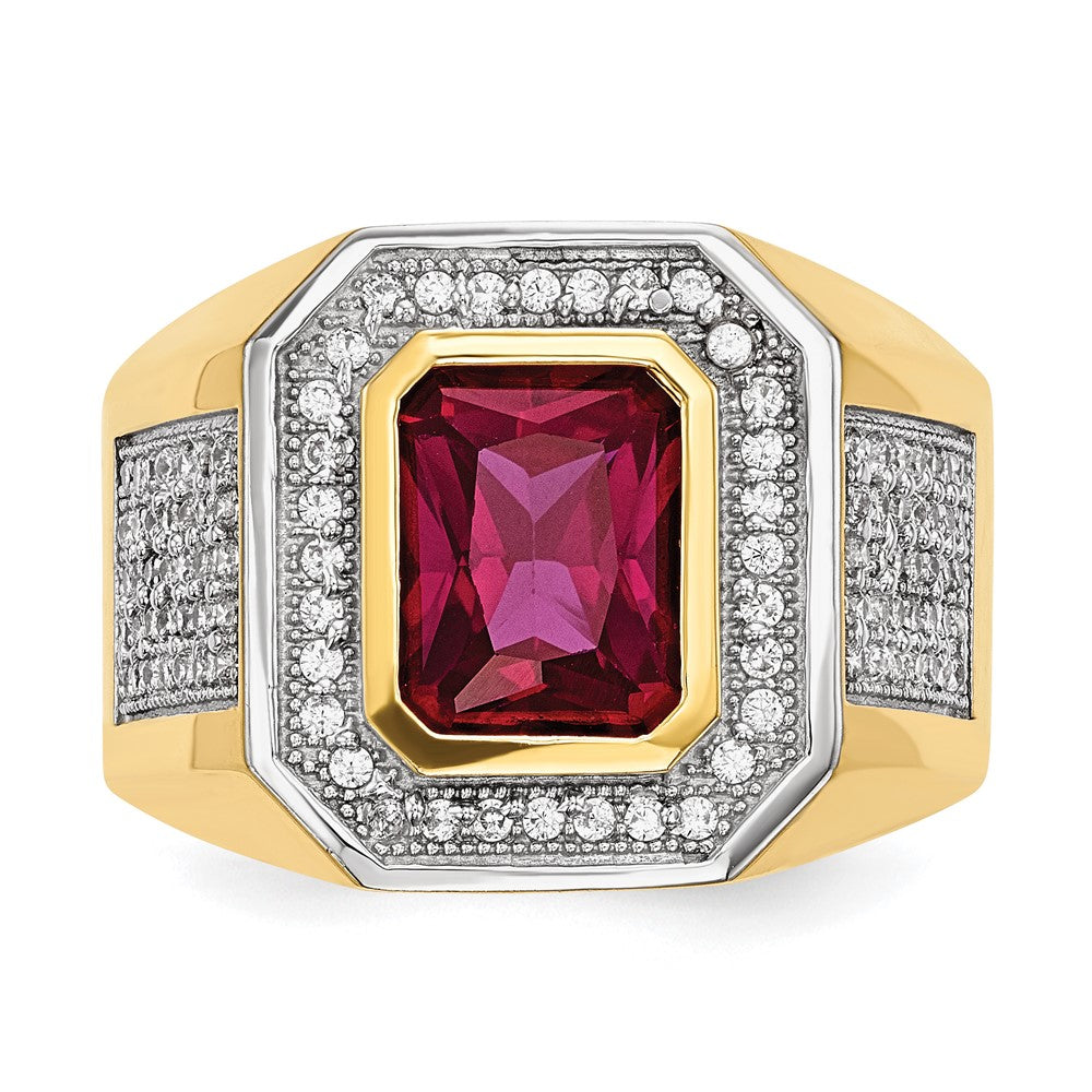 14K Yellow Gold CZ & Emerald-cut Red CZ Mens Ring