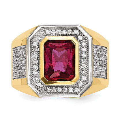 14K Yellow Gold CZ & Emerald-cut Red CZ Mens Ring