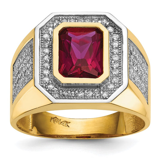 14K Yellow Gold CZ & Emerald-cut Red CZ Mens Ring