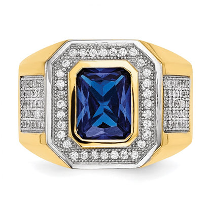 14K Yellow Gold w/ Rhodium CZ & Emerald-cut Blue CZ Mens Ring