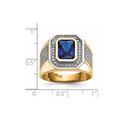 14K Yellow Gold w/ Rhodium CZ & Emerald-cut Blue CZ Mens Ring