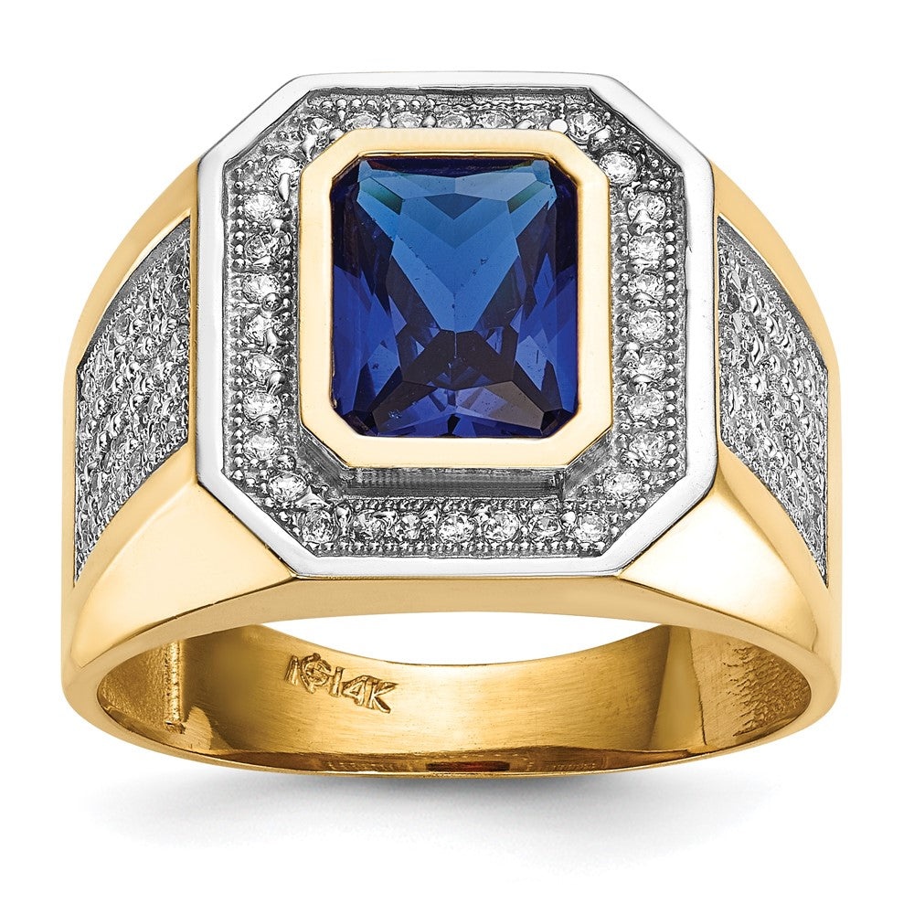 14K Yellow Gold w/ Rhodium CZ & Emerald-cut Blue CZ Mens Ring