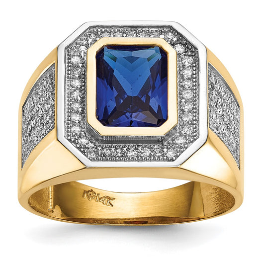 14K Yellow Gold w/ Rhodium CZ & Emerald-cut Blue CZ Mens Ring