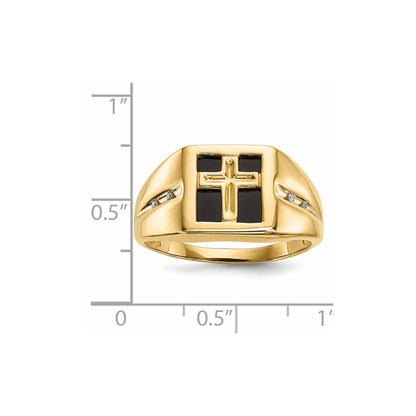 14K Gold w/ Onyx & Real Diamond Cross Christian Religious Men's Ring