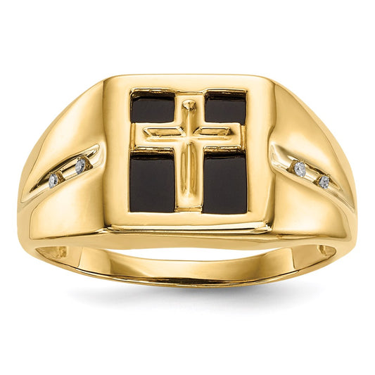 14K Gold w/ Onyx & Real Diamond Cross Christian Religious Men's Ring