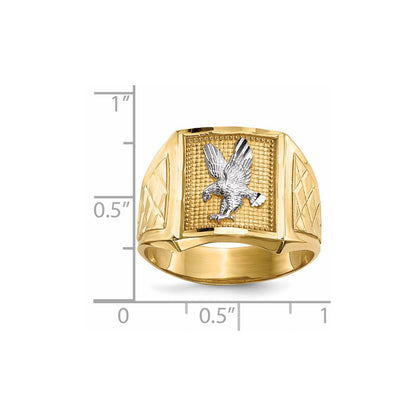 Solid Masculine 14K Yellow Gold w/Rhodium Diamond-cut Eagle Men's Ring