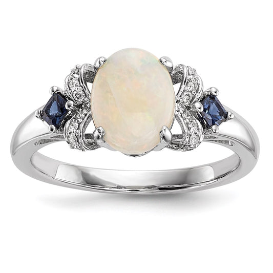 14k White Gold w/ Austrian Opal & Blue Sapphire & Dia. Ring