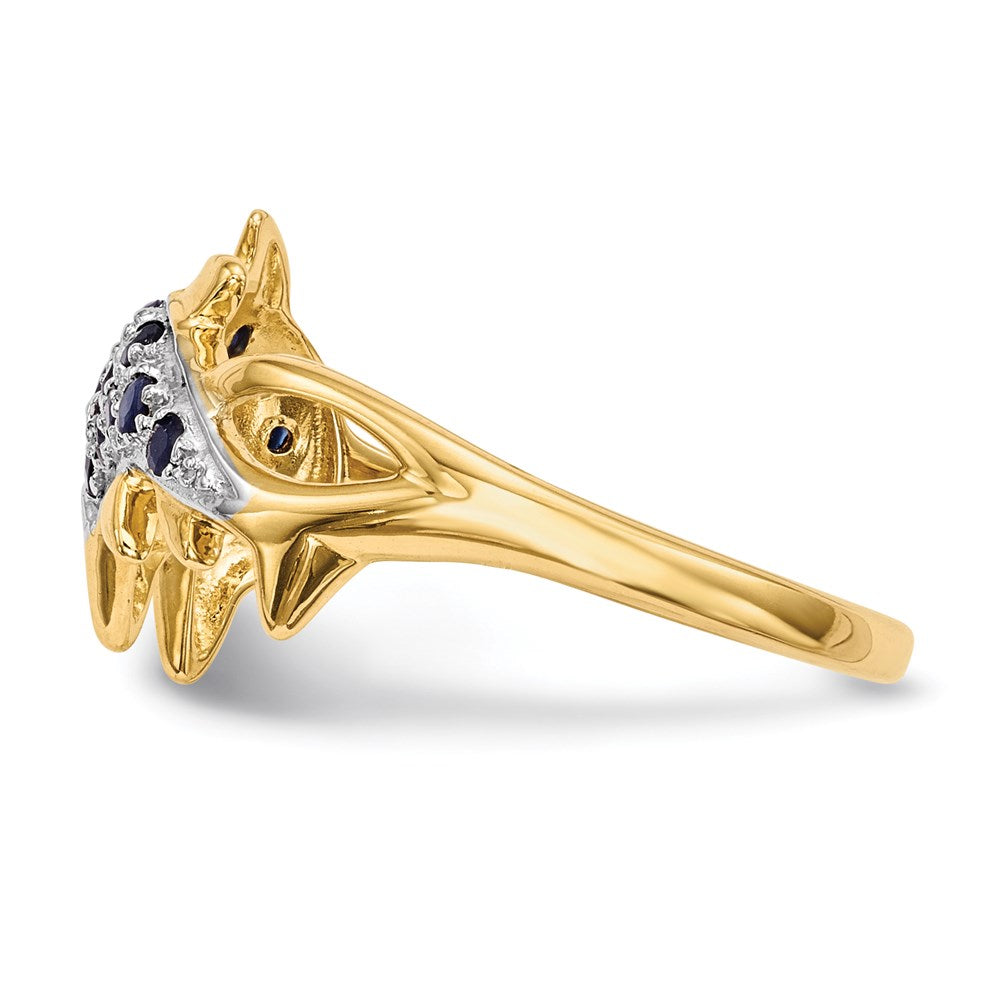 14K Gold w/ Rhodium Real Diamond & Sapphire Polished Dolphins Ring