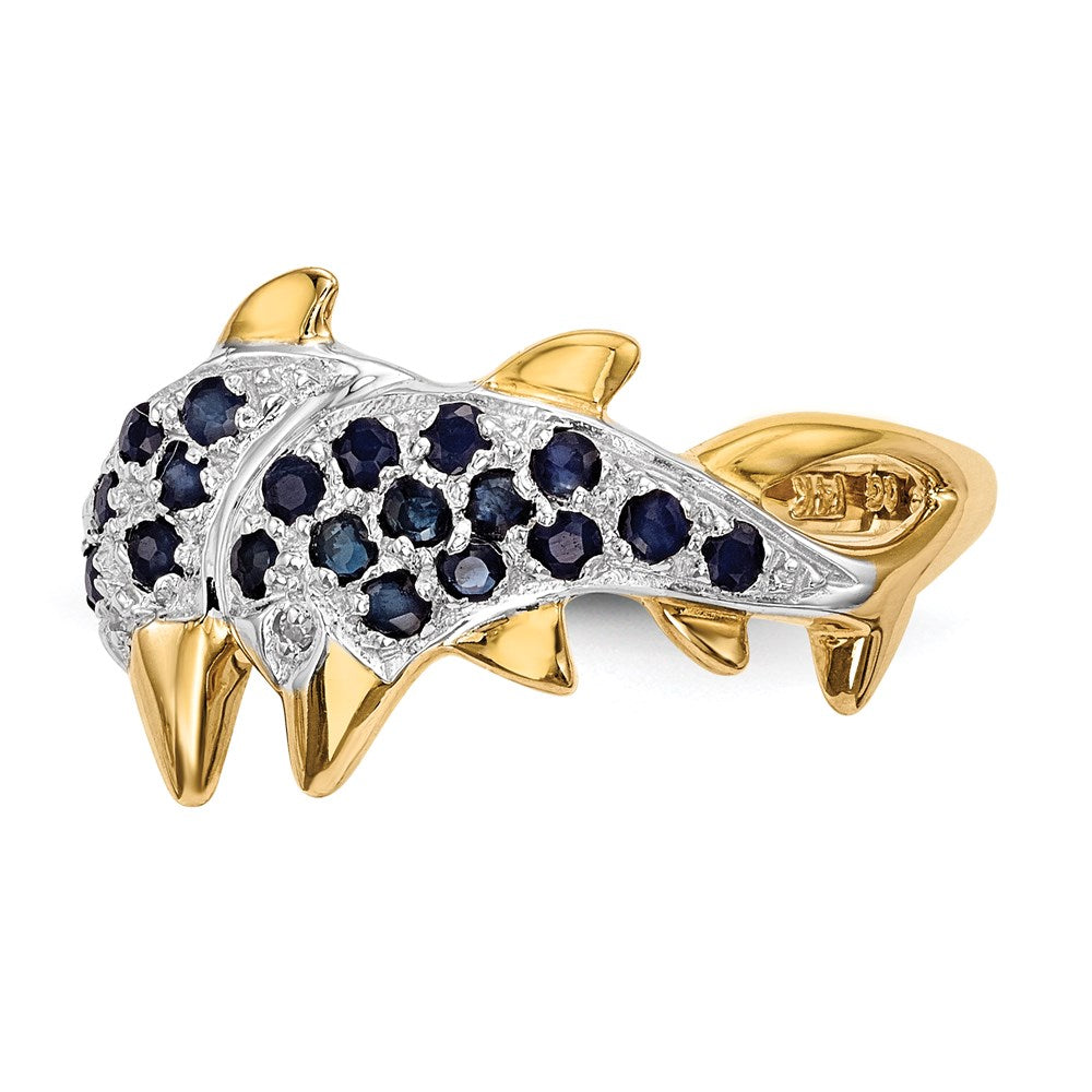 14K Gold w/ Rhodium Real Diamond & Sapphire Polished Dolphins Ring