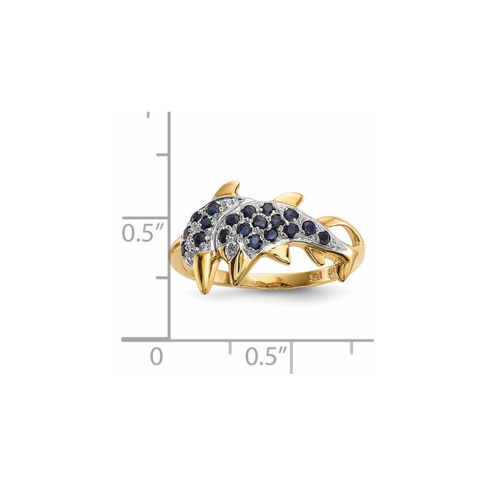 14K Gold w/ Rhodium Real Diamond & Sapphire Polished Dolphins Ring