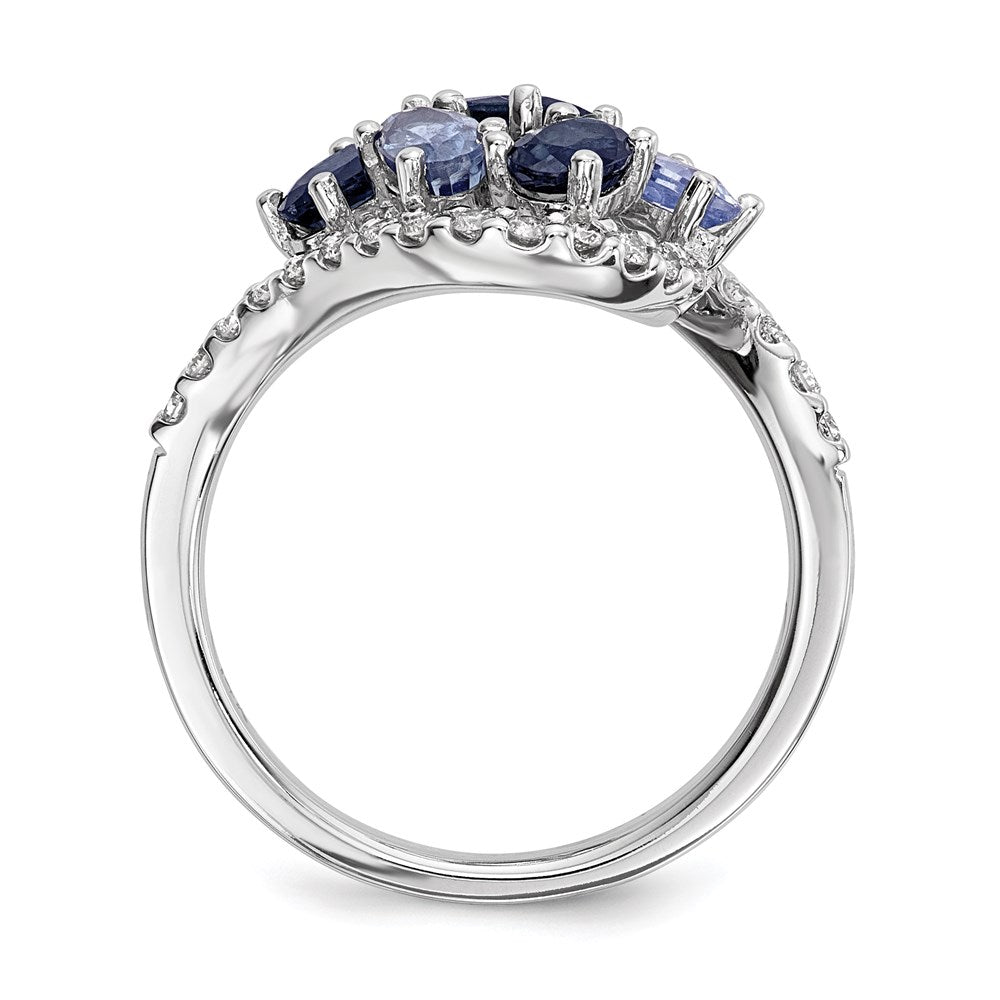 14k White Gold Real Diamond and Dark/Light Blue Sapphire Polished Ring