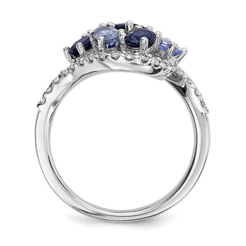 14k White Gold Real Diamond and Dark/Light Blue Sapphire Polished Ring